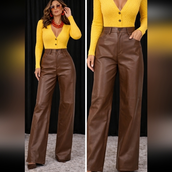 Vintage Pants - Vintage 90s  Brown Nuggat Faux Leather Wide Leg Pants Size 27